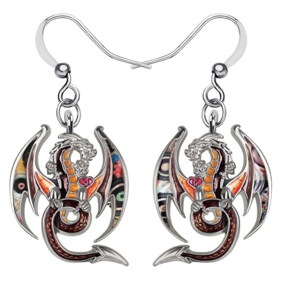 Silver and Multicolor Enamel Mythical Dragon Dangling French Wire Hook Earrings - Picture 1 of 5